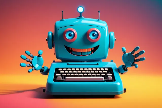 A Typewriter robot opening his arms with a big smile, he is happy of the website achievements, milestones and reached new metrics.